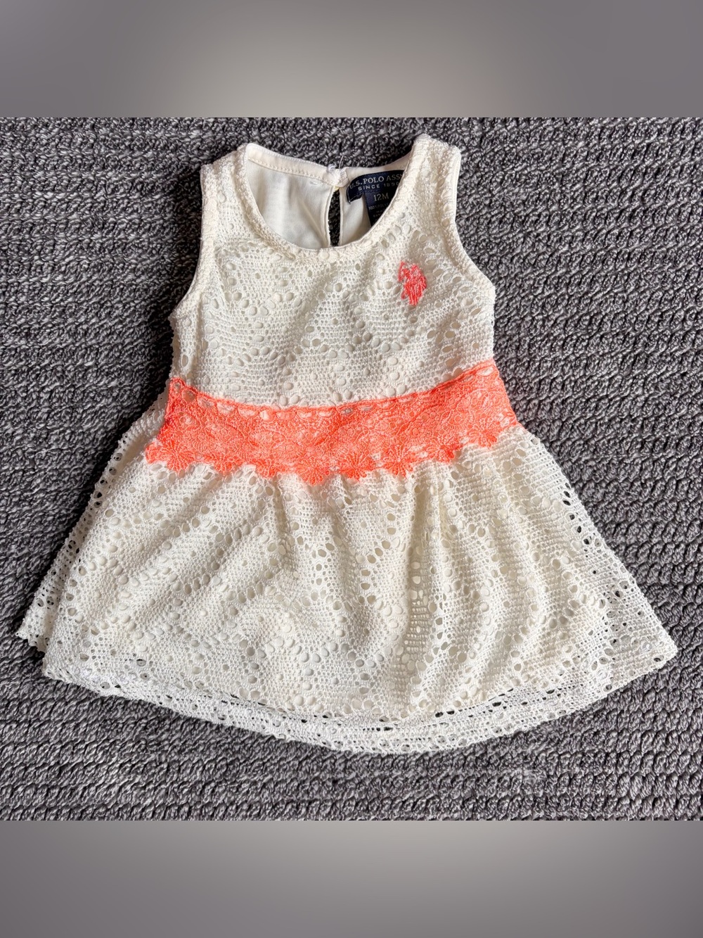 U.S. Polo Assn Baby Girl 12M Eyelet Lace Sundress - Ivory & Neon Coral W/ Lining